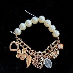 Handmade Elegant Gold and Pearl Charm Bracelet Stretchy One Size